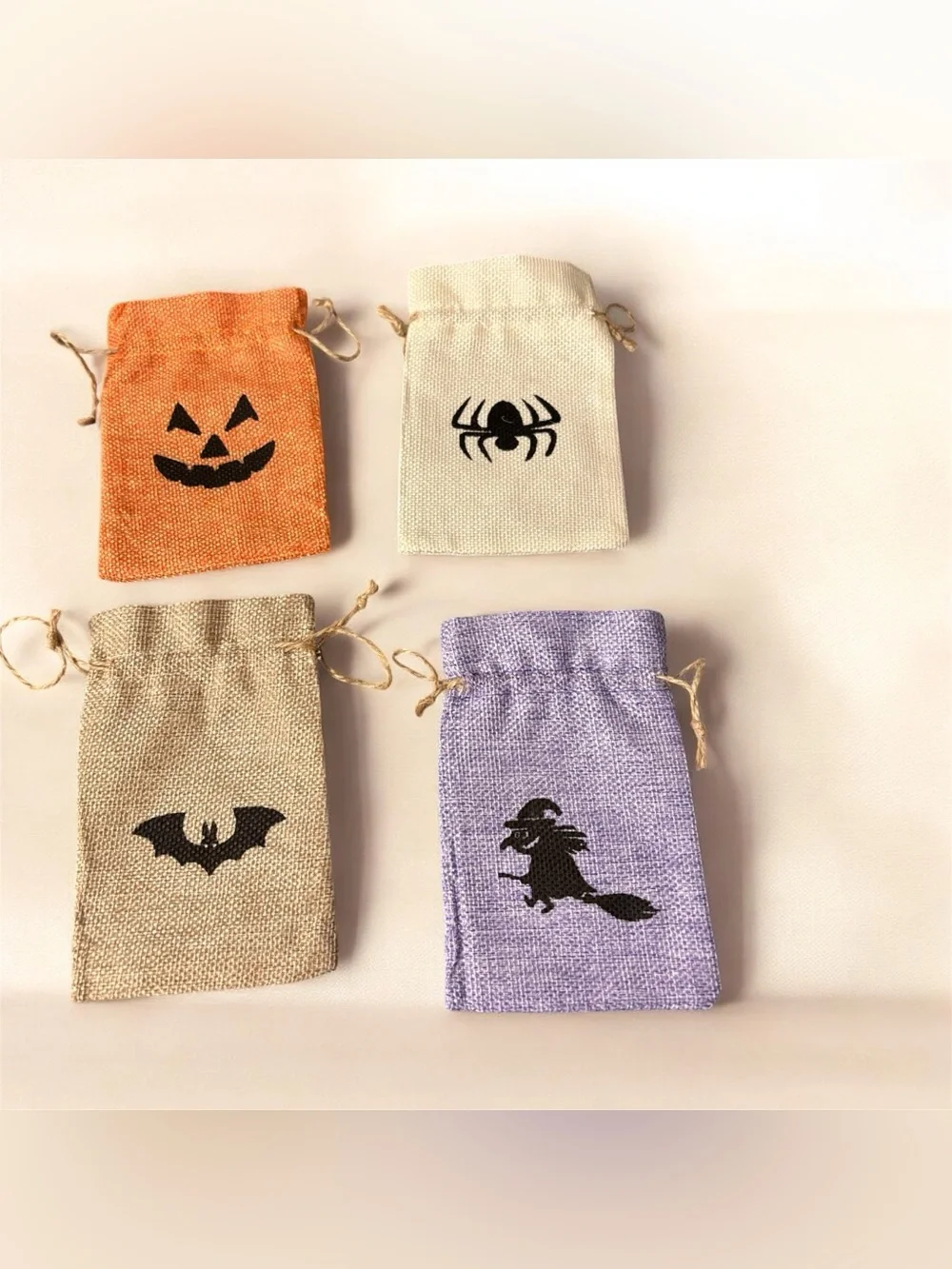 Halloween Burlap Treat Bags Set of 10 Mini Drawstring Goodie Favor Bags (5”x4”)